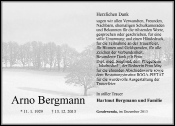 Traueranzeige von Arno Bergmann von Südthüringer Presse