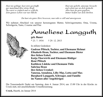 Traueranzeige von Anneliese Langguth von Südthüringer Presse