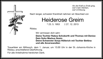 Traueranzeige von Heiderose Greim von Frankenpost