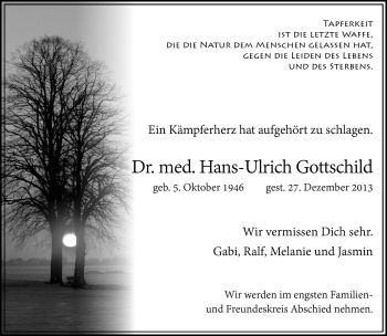 Traueranzeige von Hans-Ulrich Gottschild von Südthüringer Presse