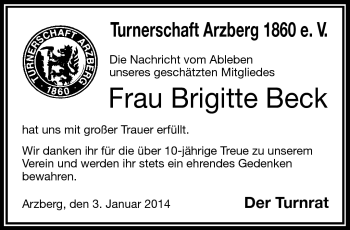 Traueranzeige von Brigitte Beck von Frankenpost