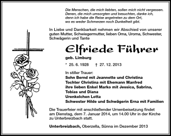 Traueranzeige von Elfriede Führer von Südthüringer Presse