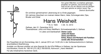 Traueranzeige von Hans Weisheit von Frankenpost