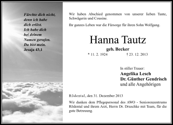 Traueranzeige von Hanna Tautz von Neue Presse Coburg