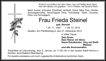Traueranzeige von Frieda Steinel von Frankenpost