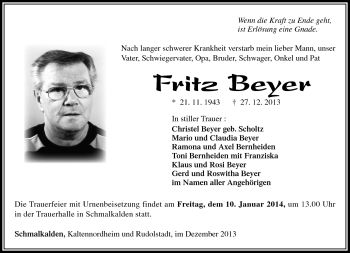 Traueranzeige von Fritz Beyer von Südthüringer Presse