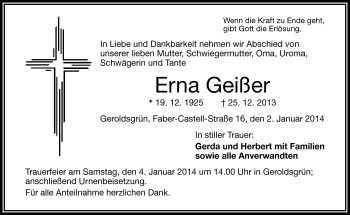 Traueranzeige von Erna Geißer von Frankenpost