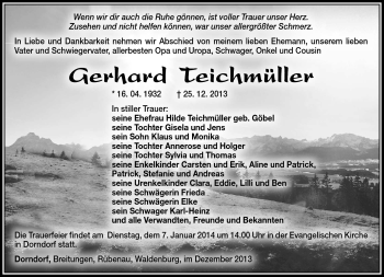 Traueranzeige von Gerhard Teichmüller von Südthüringer Presse