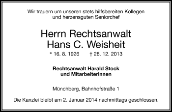 Traueranzeige von Hans Weisheit von Frankenpost