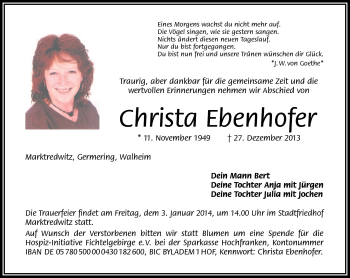 Traueranzeige von Christa Ebenhofer von Frankenpost