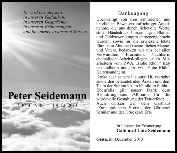 Traueranzeige von Peter Seidemann von Südthüringer Presse
