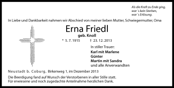 Traueranzeige von Erna Friedl von Neue Presse Coburg