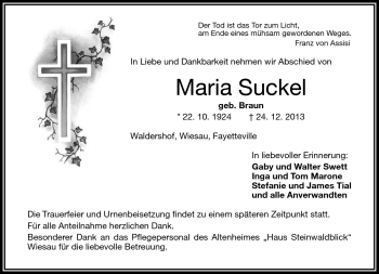Traueranzeige von Maria Suckel von Frankenpost
