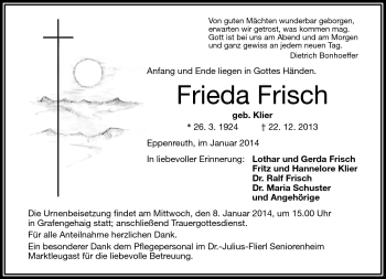 Traueranzeige von Frieda Frisch von Frankenpost