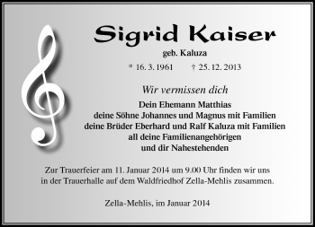 Traueranzeige von Sigrid Kaiser von Südthüringer Presse
