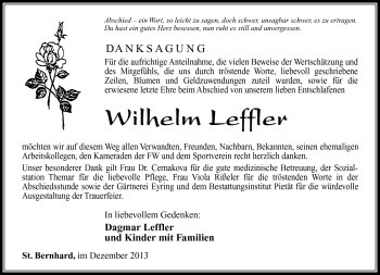 Traueranzeige von Wilhelm Leffler von Südthüringer Presse