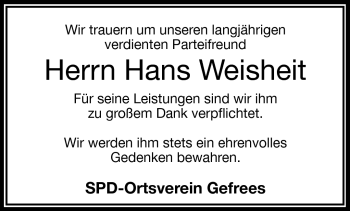 Traueranzeige von Hans Weisheit von Frankenpost