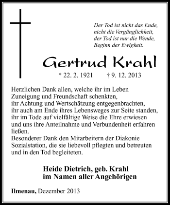 Traueranzeige von Gertrud Krahl von Südthüringer Presse