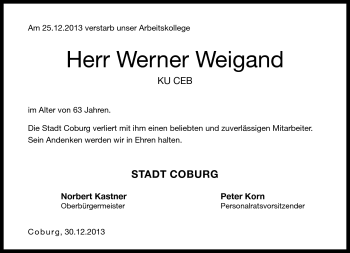 Traueranzeige von Werner Weigand von Neue Presse Coburg