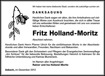 Traueranzeige von Fritz Holland-Moritz von Südthüringer Presse