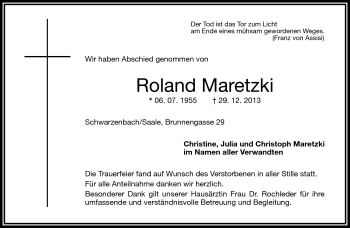 Traueranzeige von Roland Maretzki von Frankenpost
