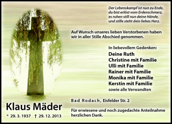Traueranzeige von Klaus Mäder von Neue Presse Coburg