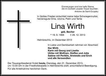 Traueranzeige von Lina Wirth von Frankenpost
