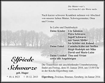 Traueranzeige von Elfriede Schwarze von Südthüringer Presse
