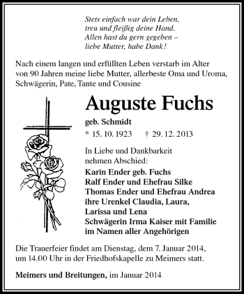 Traueranzeige von Auguste Fuchs von Südthüringer Presse