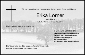 Traueranzeige von Erika Lörner von Frankenpost