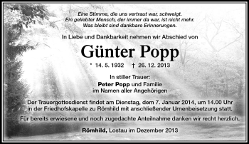 Traueranzeige von Günter Popp von Südthüringer Presse