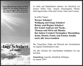 Traueranzeige von Inge Schubert von Südthüringer Presse