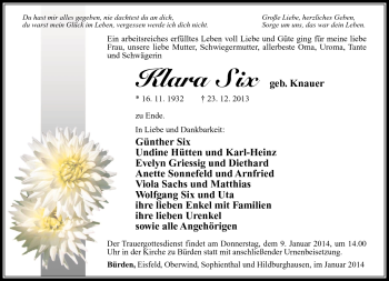 Traueranzeige von Klara Six von Südthüringer Presse