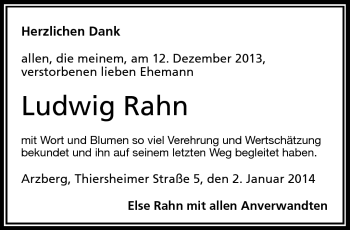 Traueranzeige von Ludwig Rahn von Frankenpost