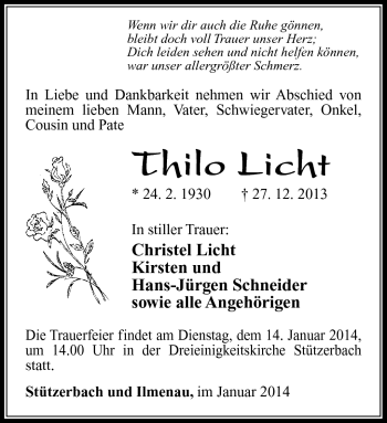 Traueranzeige von Thilo Licht von Südthüringer Presse