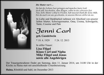 Traueranzeige von Jenni Carl von Südthüringer Presse