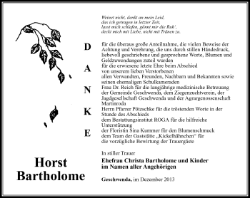 Traueranzeige von Horst Bartholome von Südthüringer Presse