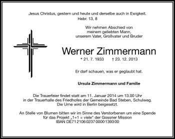 Traueranzeige von Werner Zimmermann von Frankenpost