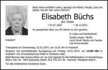 Traueranzeige von Elisabeth Büchs von Neue Presse Coburg