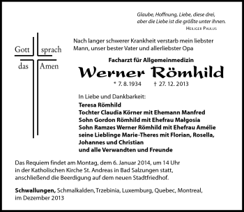 Traueranzeige von Werner Römhild von Südthüringer Presse