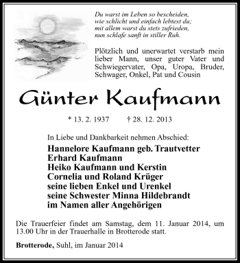 Traueranzeige von Günter Kaufmann von Südthüringer Presse