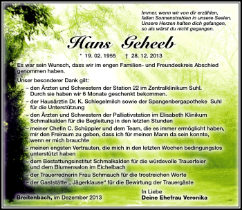 Traueranzeige von Hans Geheeb von Südthüringer Presse