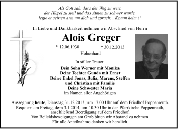 Traueranzeige von Alois Greger von Frankenpost