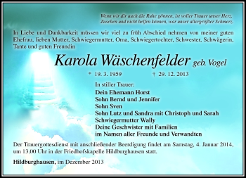 Traueranzeige von Karola Wäschenfelder von Südthüringer Presse
