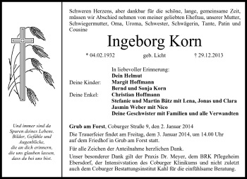 Traueranzeige von Ingeborg Korn von Neue Presse Coburg