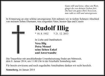 Traueranzeige von Rudolf Illig von Südthüringer Presse