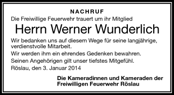 Traueranzeige von Werner Wunderlich von Frankenpost