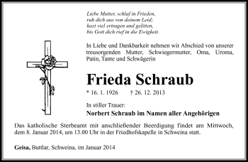 Traueranzeige von Frieda Schraub von Südthüringer Presse