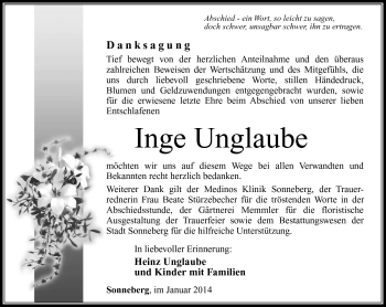 Traueranzeige von Inge Unglaube von Südthüringer Presse