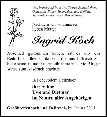 Traueranzeige von Ingrid Koch von Südthüringer Presse